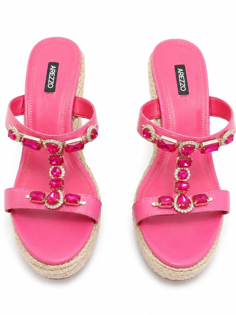 Arezzo Pink Leather Jeweled Espadrille Wedge Sandals Crystal Platform Size 9US
